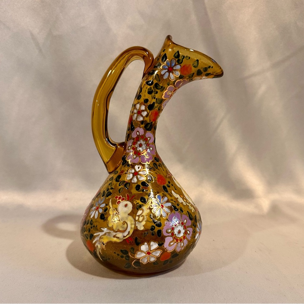 Vintage Hand-Painted Floral Enamelled Amber Hand Blown Glass Vase Pitcher Ewer - Picture 3 of 9